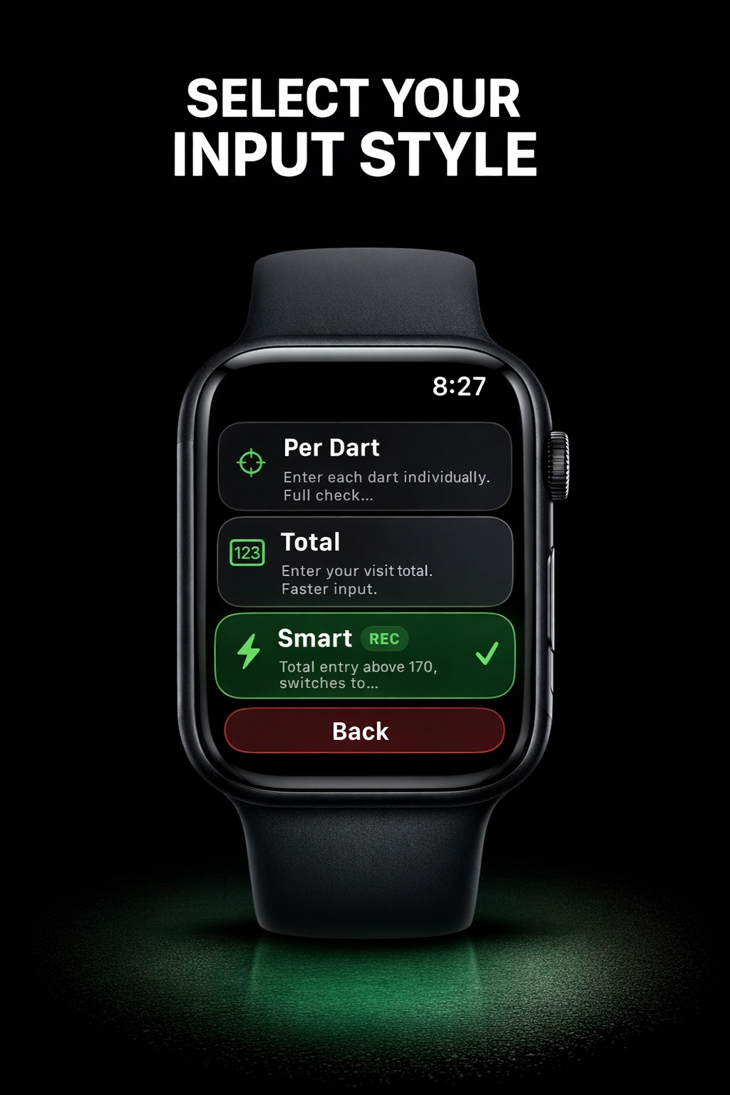 Select your input style — Per Dart, Total, or Smart